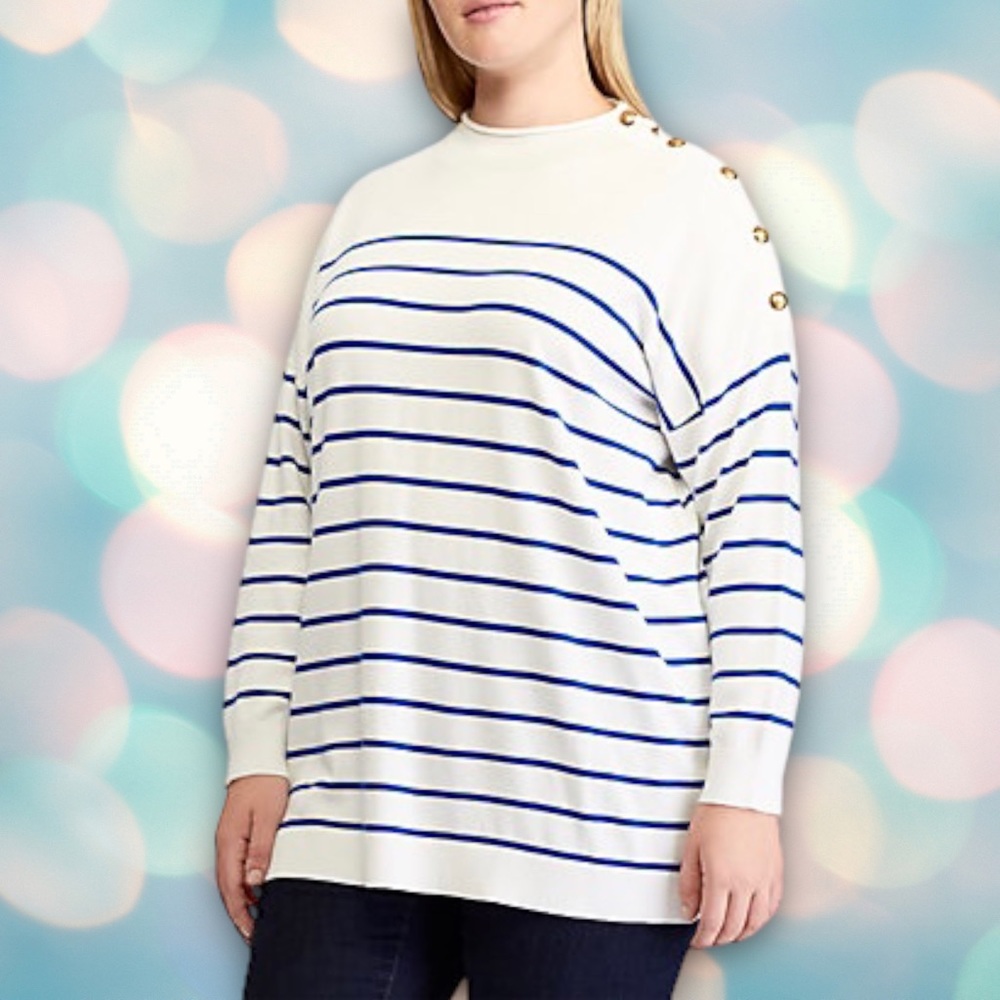 Ralph Lauren Women’s White and Blue Striped Button-Trim Accent Sweater Size 2X